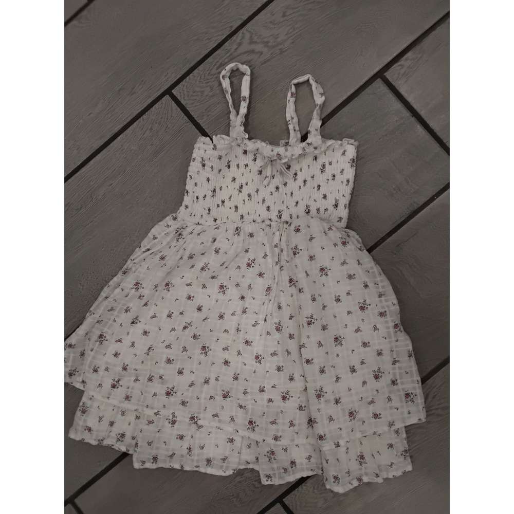 RSQ Girls White Floral Smocked Tiered Ruffle Dress Small Cotton Plaid Textured - Picture 1 of 5
